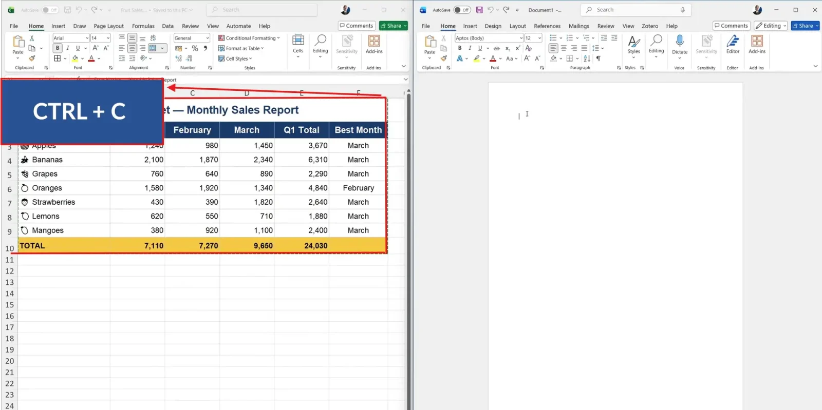 Excel table selected with Ctrl C shortcut highlighted for copying data to insert an Excel sheet in Word