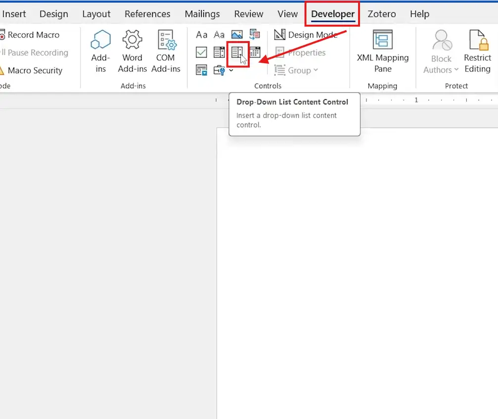 Developer tab in Microsoft Word with red arrow pointing to the Drop-Down List Content Control button.
