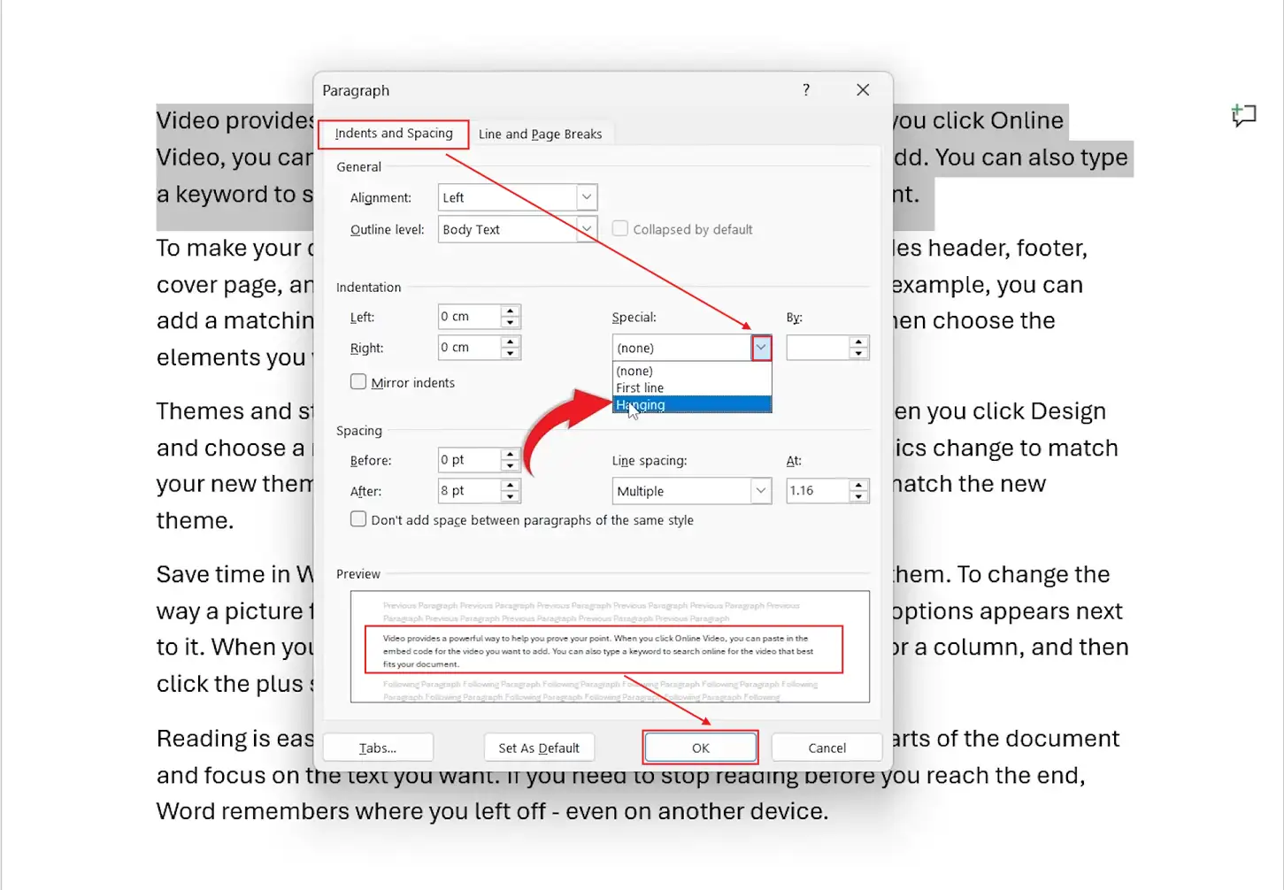 Microsoft Word Paragraph dialog box with Special dropdown set to Hanging and indent value configured