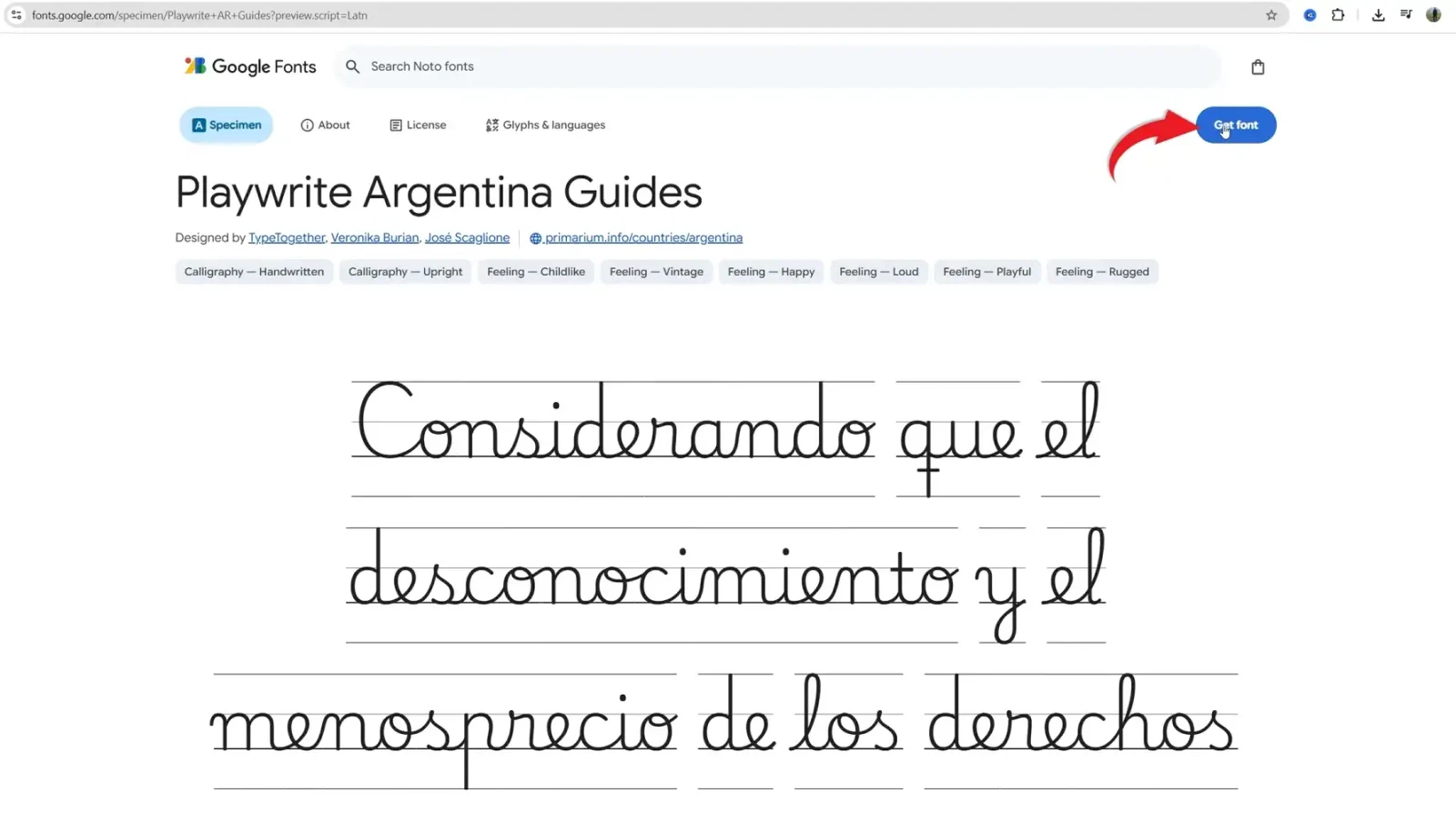 Playwrite Argentina Guides Google Fonts page with Get Font button highlighted before downloading a new font for Word.