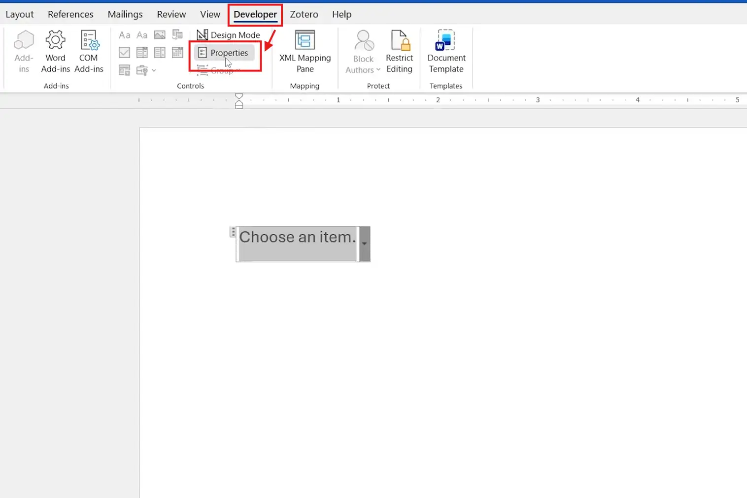 Microsoft Word Developer tab with Properties highlighted for editing a drop-down list content control.
