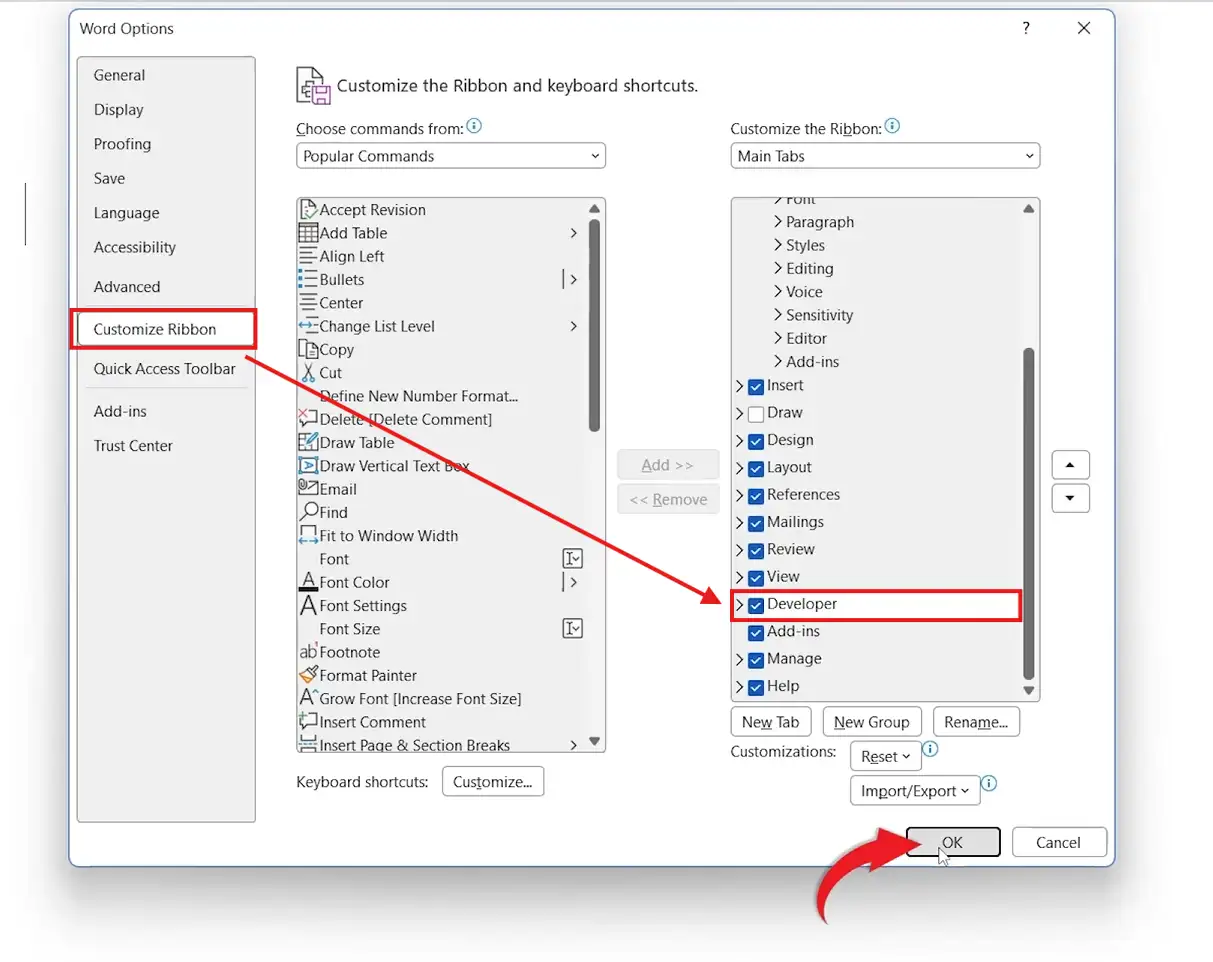 Word Options dialog showing the Customize Ribbon panel with Developer ticked to enable form controls.