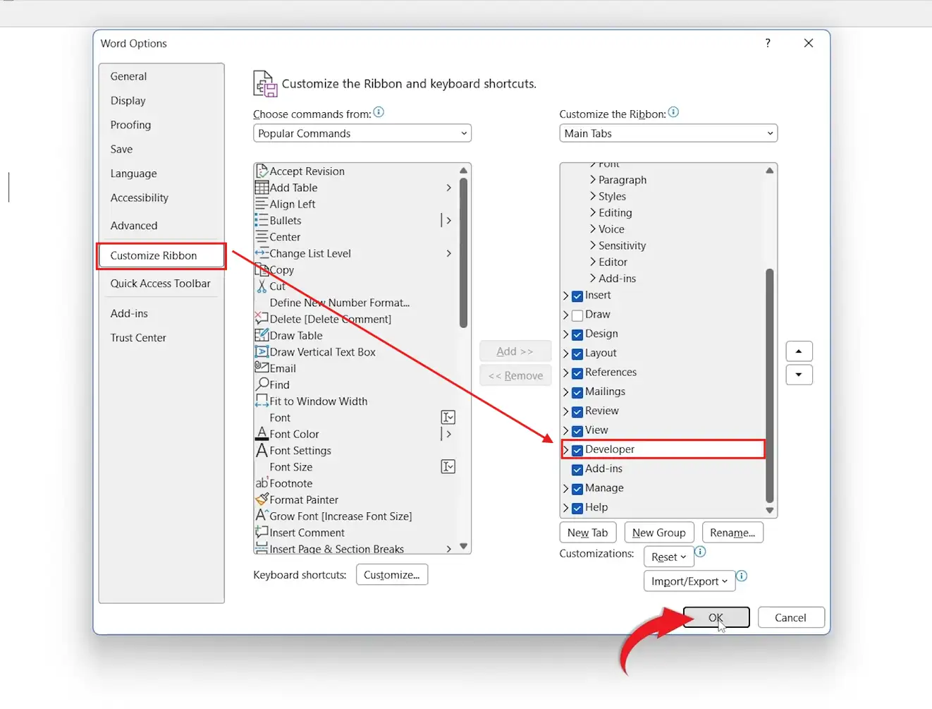 Word Options dialog showing the Customize Ribbon section with the Developer checkbox ticked and OK button highlighted for how to add the developer tab in Word