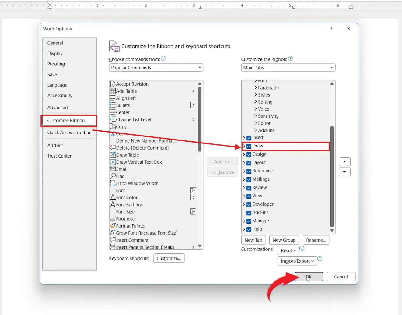 Customize Ribbon panel showing the Draw checkbox ticked to draw in Word