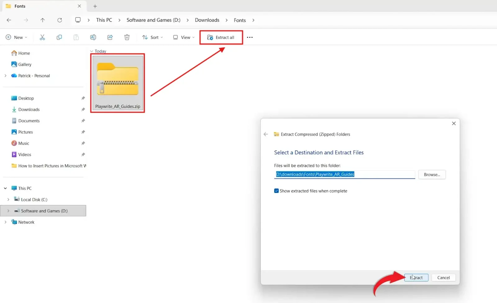 Windows File Explorer with Extract all option highlighted on a Google Fonts ZIP file ready to add a new font in Word.