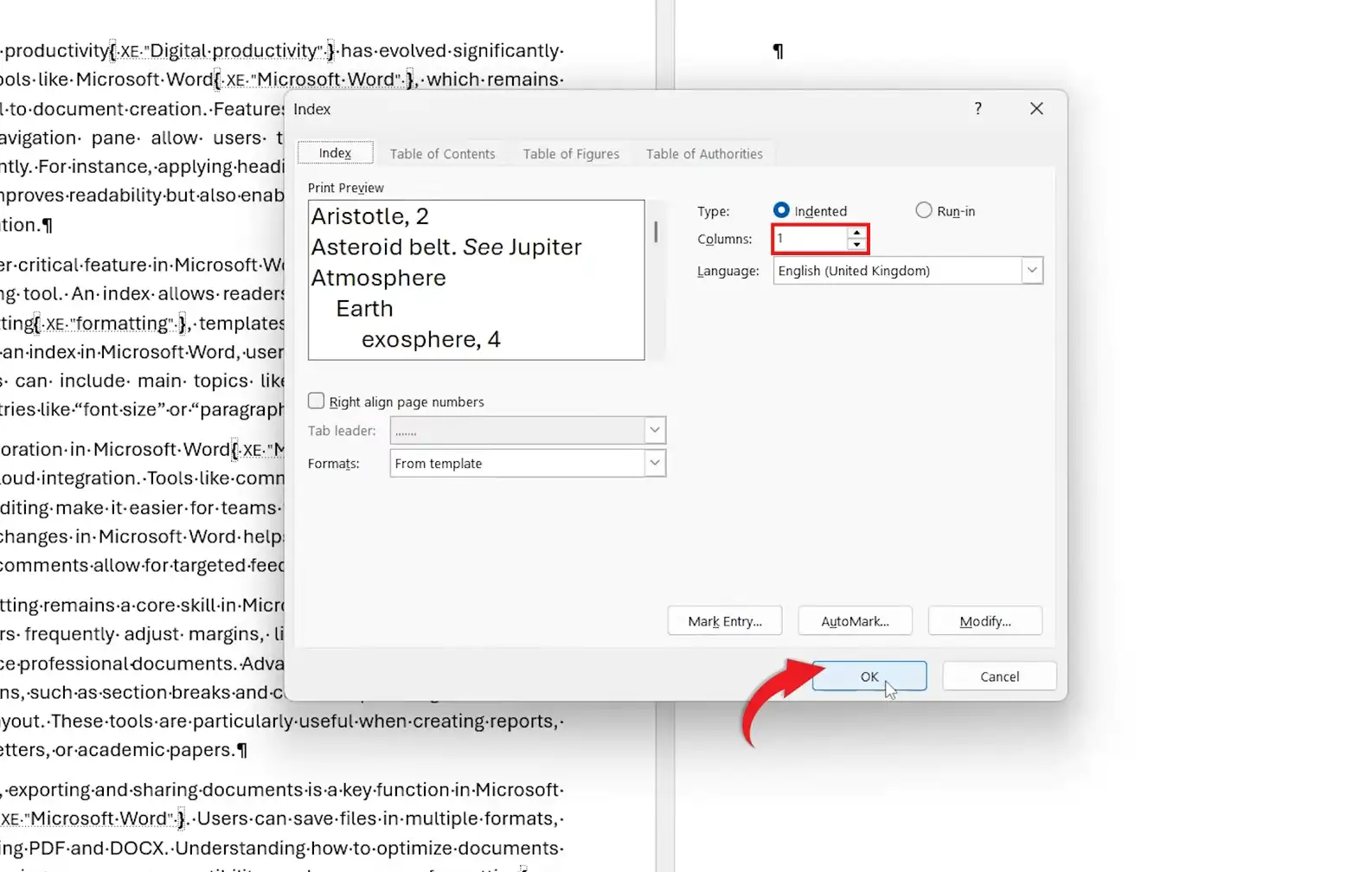 Index dialog box in Word showing column count set to one for formatting an index layout