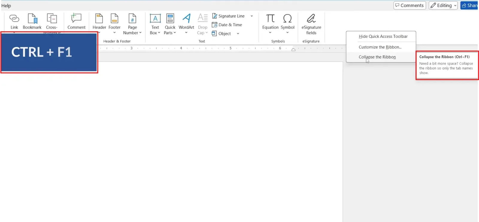 Microsoft Word window showing the Ctrl + F1 keyboard shortcut used to hide the Ribbon in Word.