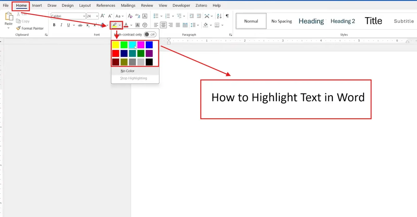 Word Home tab showing the Text Highlight Color dropdown with colour palette options for highlighting selected text