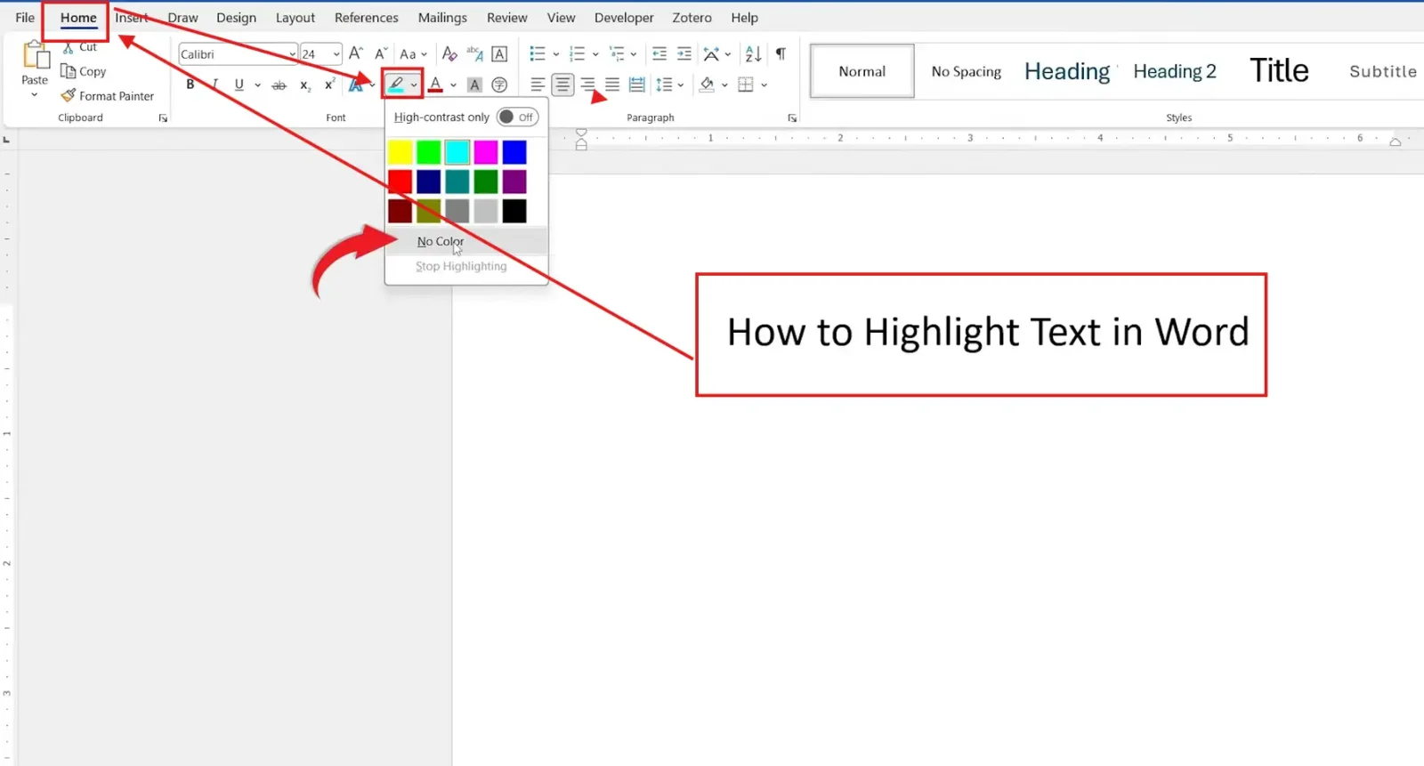 Word document showing highlight text in Word result after using the keyboard shortcut, with colour options visible in the Text Highlight Color menu