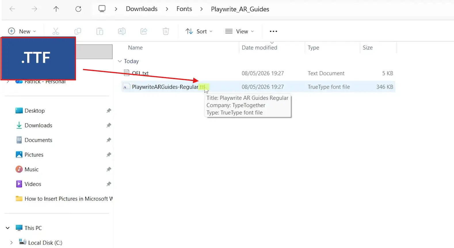 Windows File Explorer with a Playwrite AR Guides Regular TTF file selected ready to install a new font in Word.