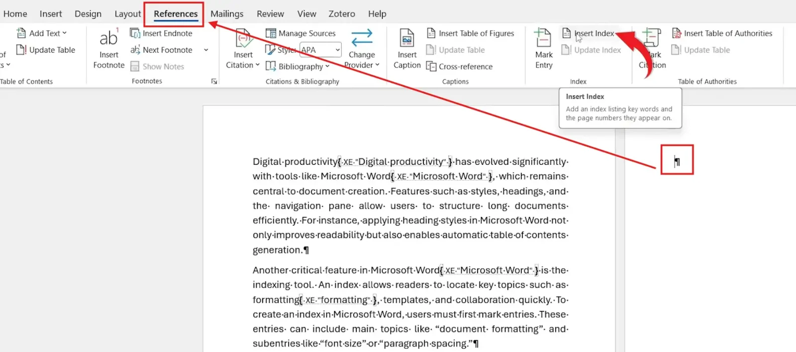References tab Insert Index button in Word for creating an index page in a long document