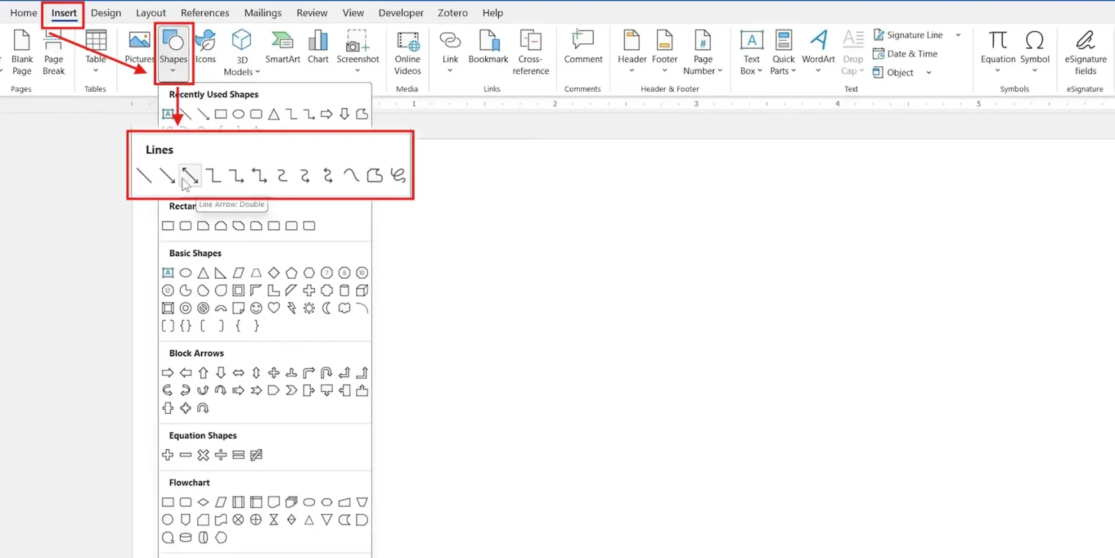 Microsoft Word Insert tab Shapes menu showing line arrows for how to insert arrows in Word.
