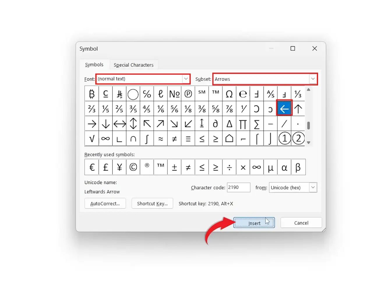 Microsoft Word Symbol dialog showing the Arrows subset for inserting arrow symbols in Word.