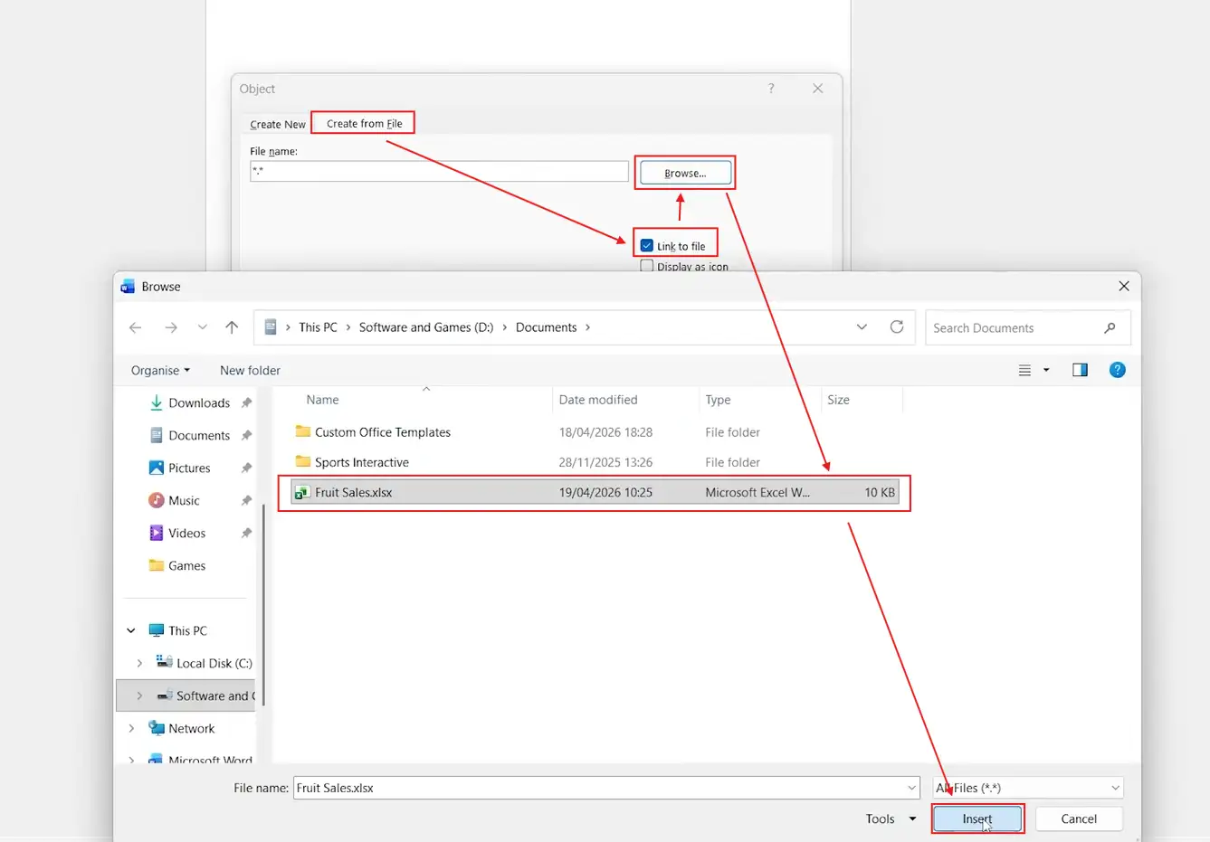 Microsoft Word Object dialog showing Create from File tab with Browse button to embed an existing Excel file