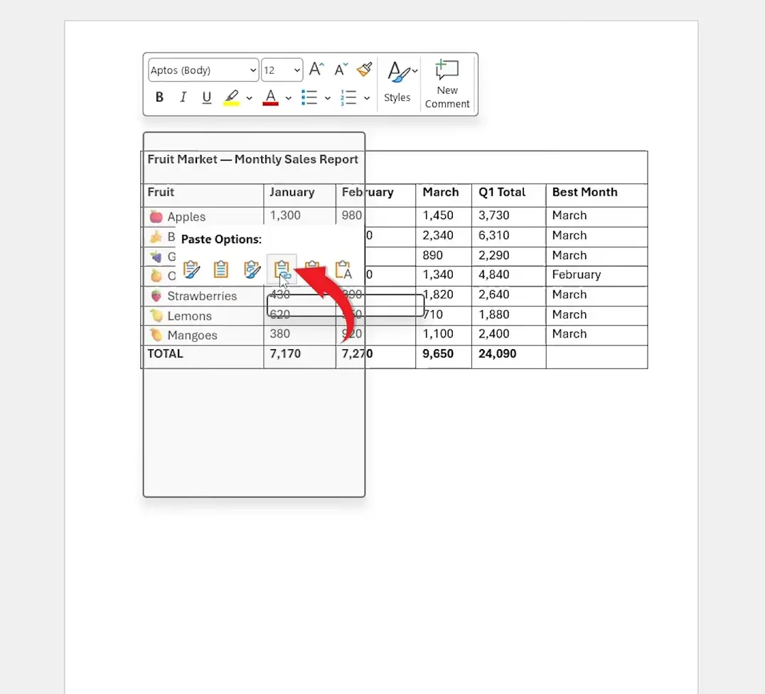 Microsoft Word paste options menu showing Link and Use Destination Styles for inserting linked Excel data