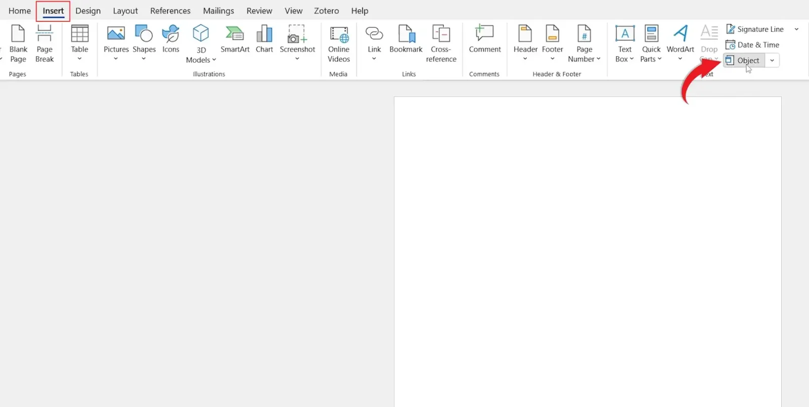Microsoft Word Insert tab with Object option highlighted for embedding an Excel worksheet