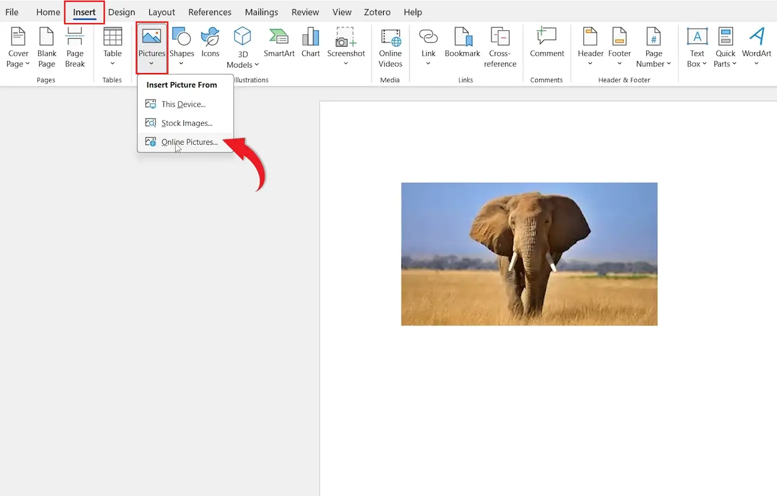 Microsoft Word Insert tab showing how to insert a picture in Word using the Online Pictures option