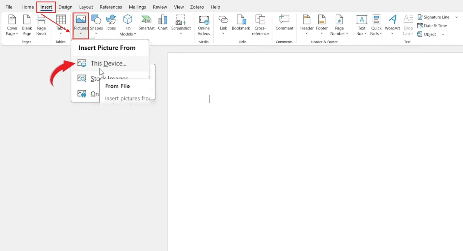 Microsoft Word Insert tab showing the Pictures menu with This Device option for how to insert a picture in Word