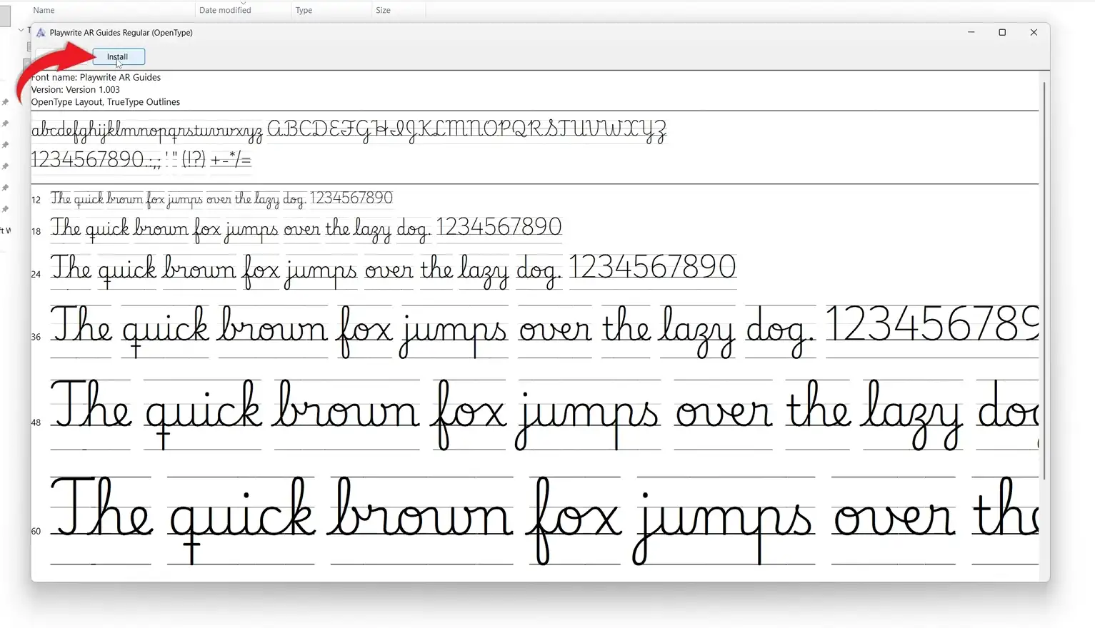 Windows font preview window with Install button visible to add a new Playwrite AR Guides font in Word.