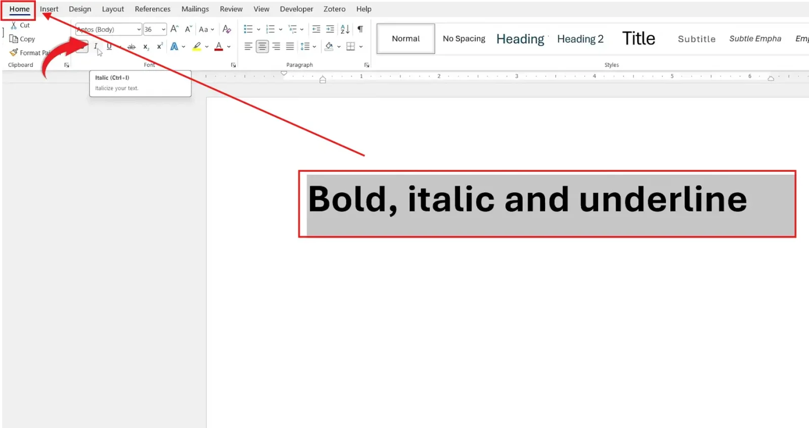 Microsoft Word Italic button applied to selected text in the Home tab Font group.