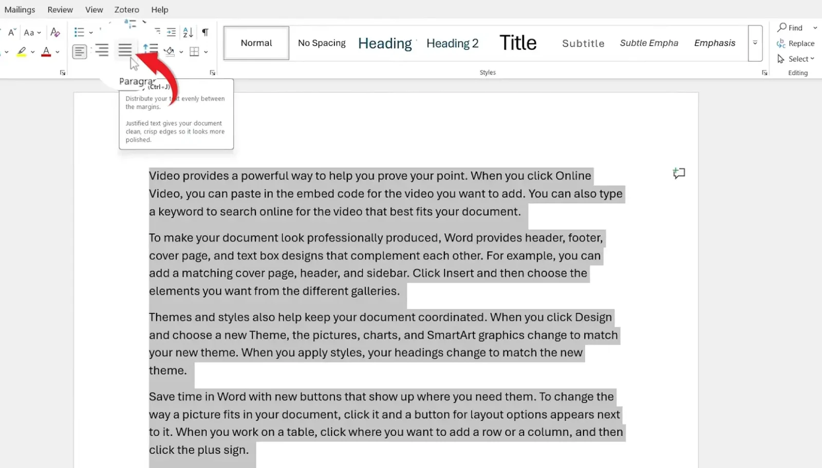 How to justify text in Word using the toolbar Justify button