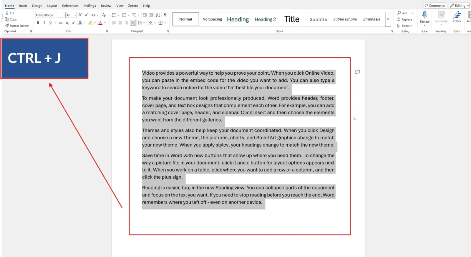 How to justify text in Word using the Ctrl + J keyboard shortcut