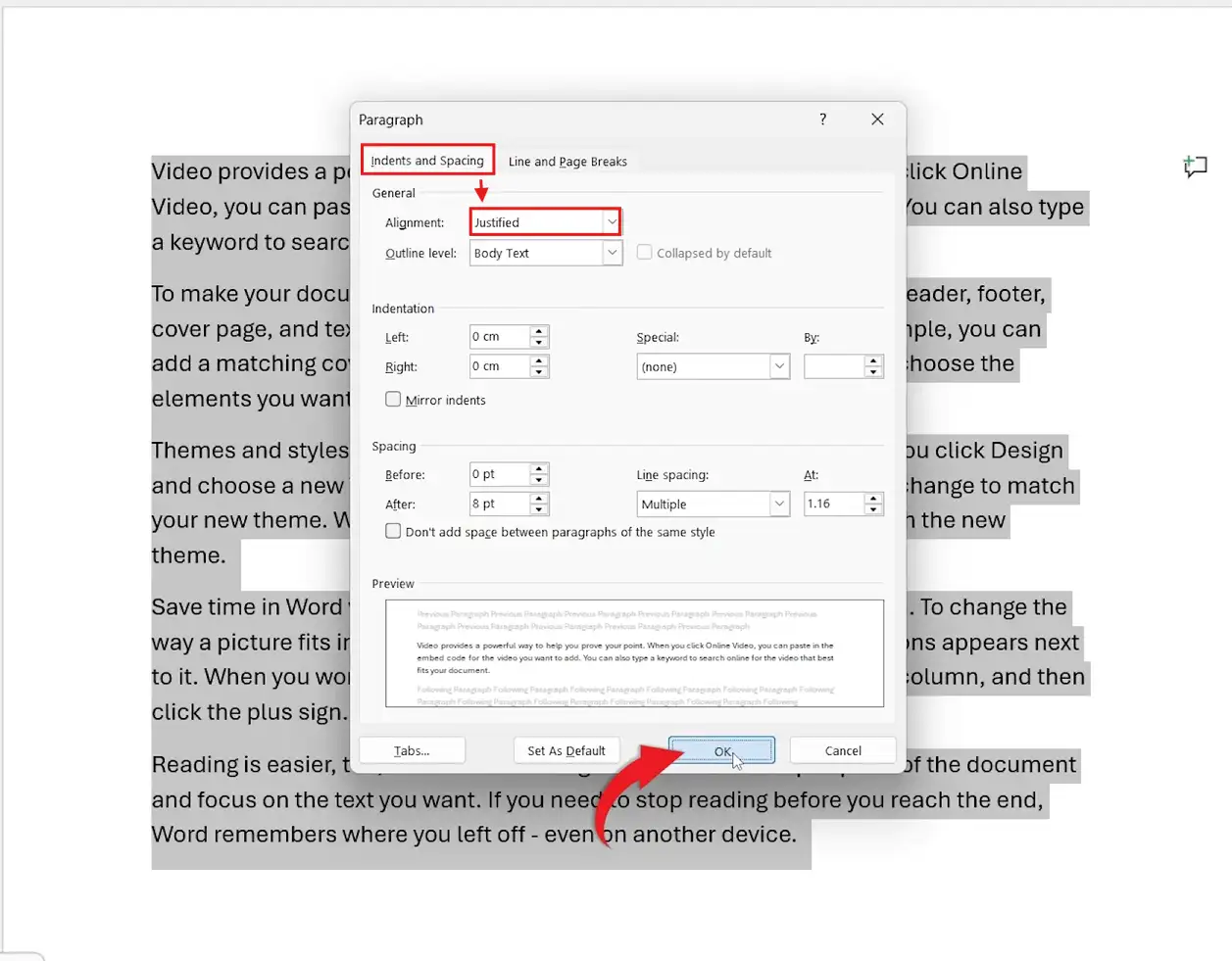 How to justify text in Word using the Paragraph dialog box