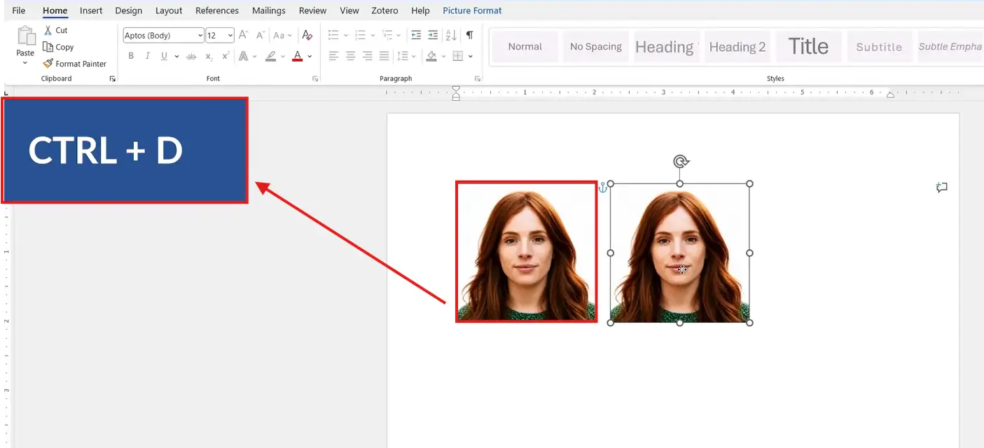 Microsoft Word document showing multiple duplicated ID photos created with the Ctrl D shortcut