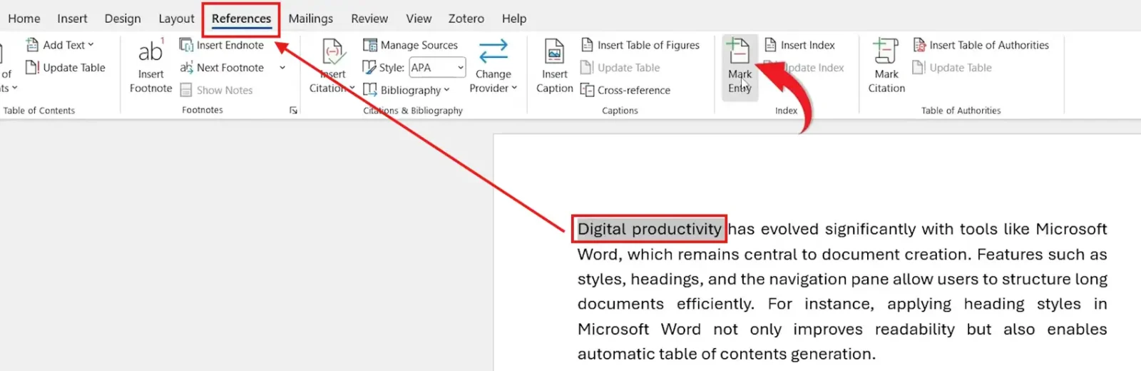 Microsoft Word References tab Mark Entry button highlighted to create an index in Word
