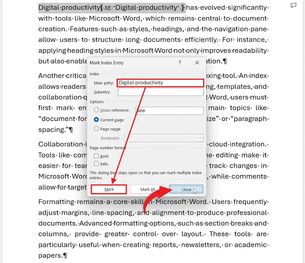 Mark Index Entry dialog box in Word showing Mark and Mark All buttons for indexing a keyword