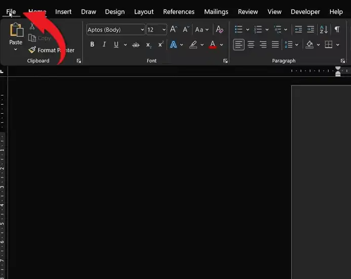 Word File tab highlighted in the top ribbon to access Account settings and turn off dark mode in Word