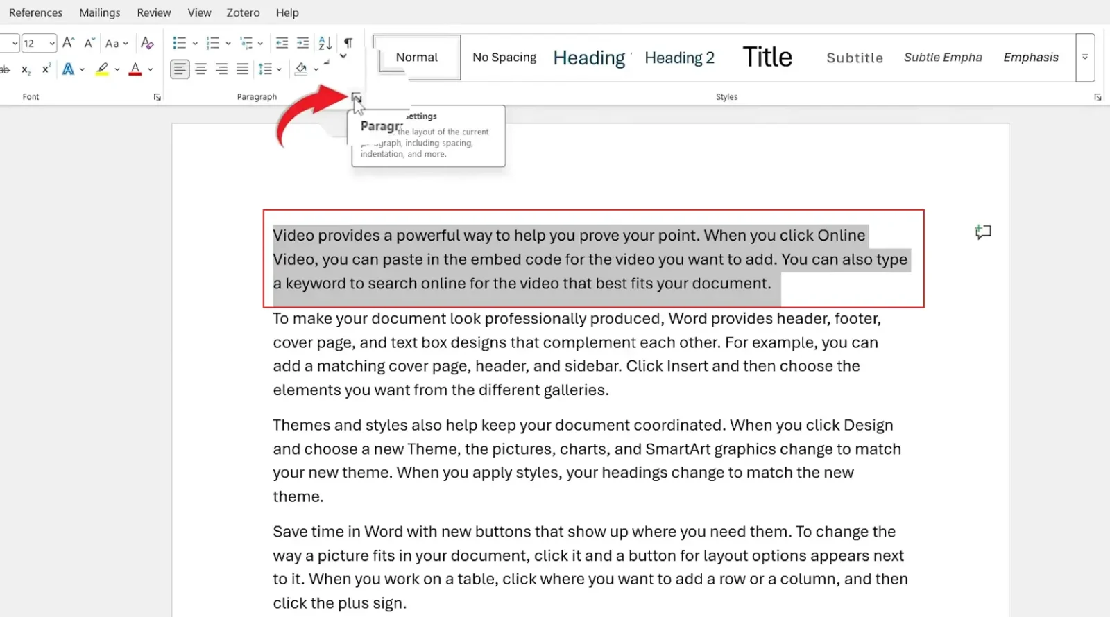 Microsoft Word Home tab with Paragraph settings launcher arrow highlighted to create a hanging indent in Word