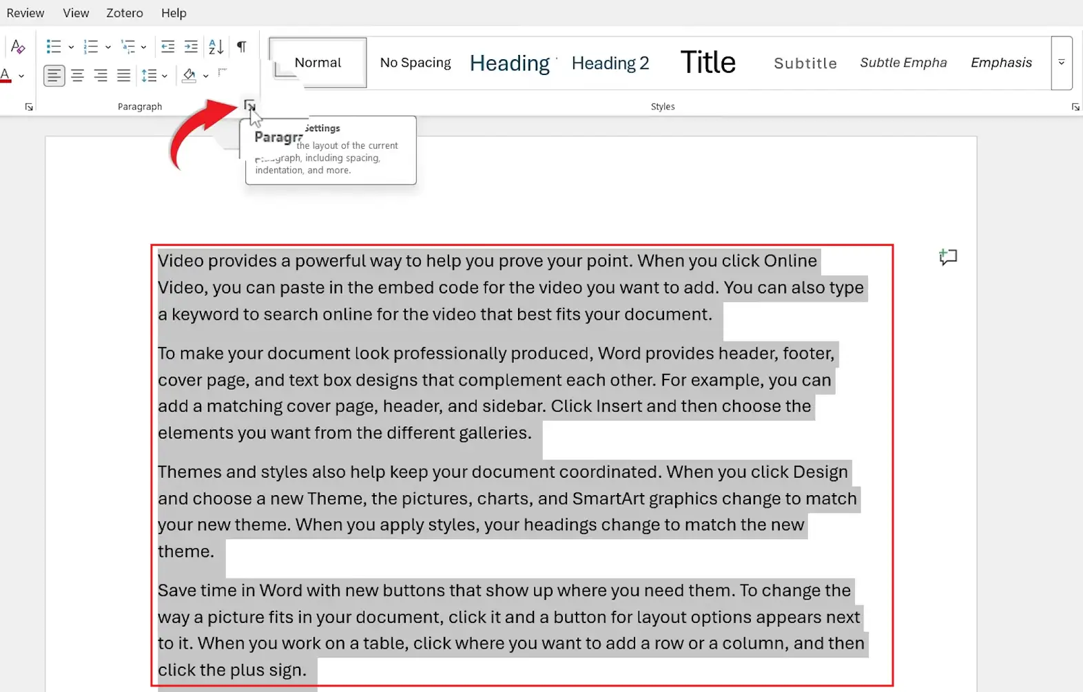 Microsoft Word Home tab showing the Paragraph settings arrow used to single space in Word with advanced control