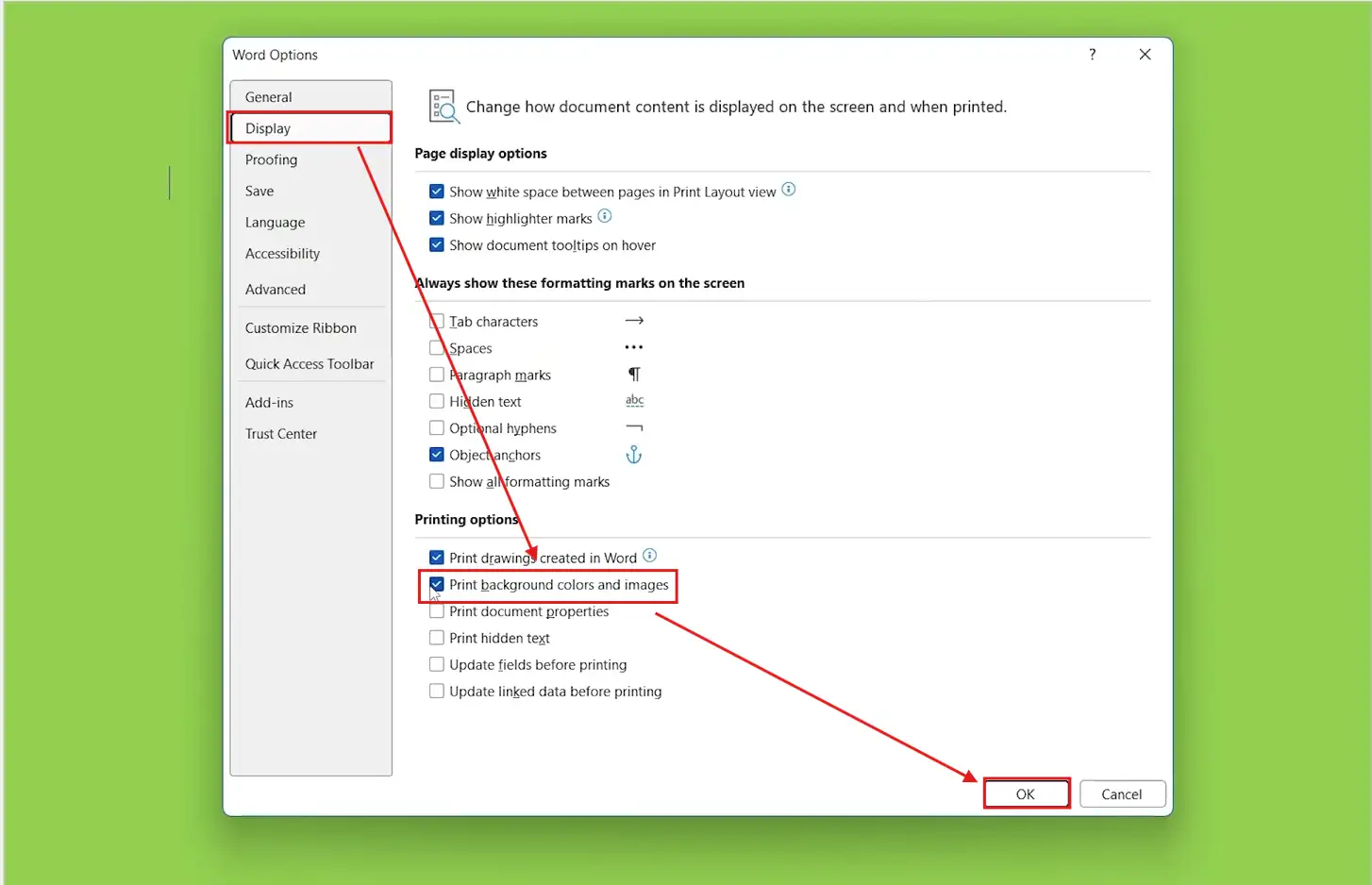 Microsoft Word Options window Display tab with Print background colors and images checkbox enabled