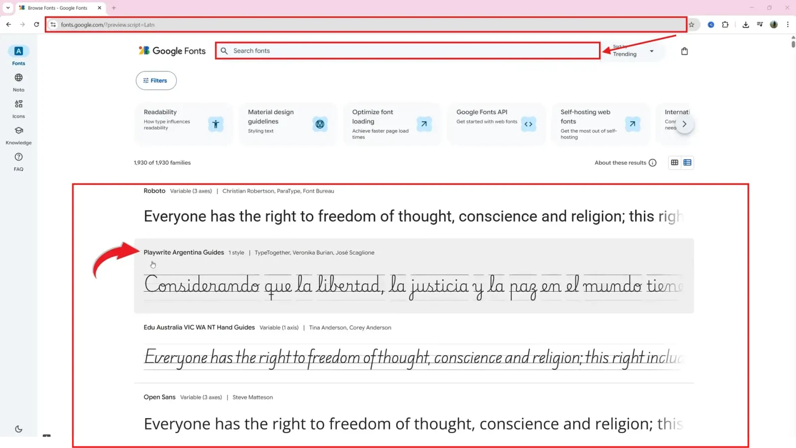 Google Fonts website with search bar and font preview panel for choosing a new font to add in Word.