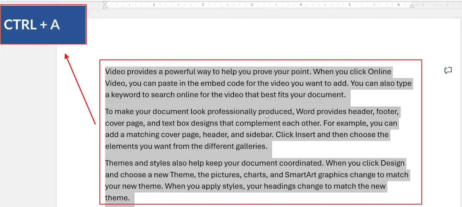 Microsoft Word document with all text selected using the Ctrl A shortcut ready to change letter spacing in Word