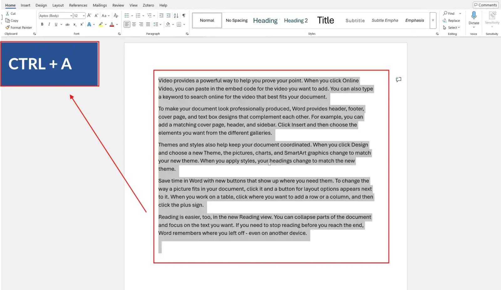 How to justify text in Word - selecting all text using Ctrl + A shortcut