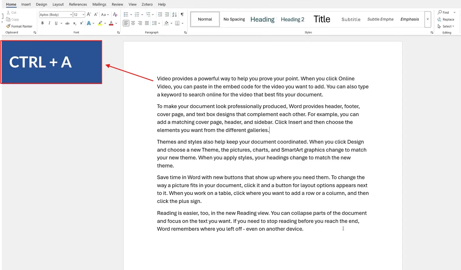 Microsoft Word document showing the Ctrl + A keyboard shortcut used to select all text before applying single spacing in Word