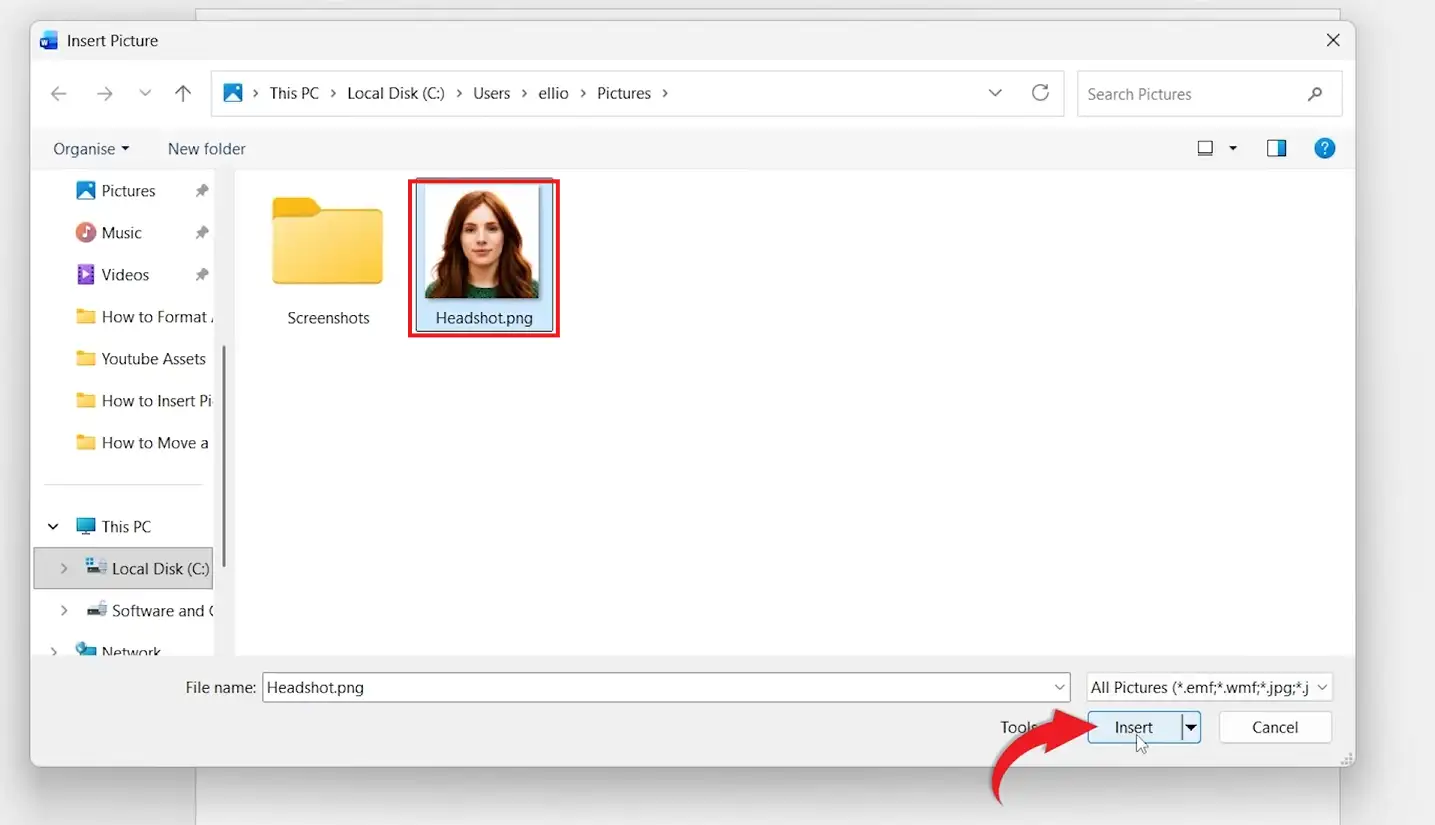 Microsoft Word Insert Picture dialog box with a headshot selected and Insert button highlighted