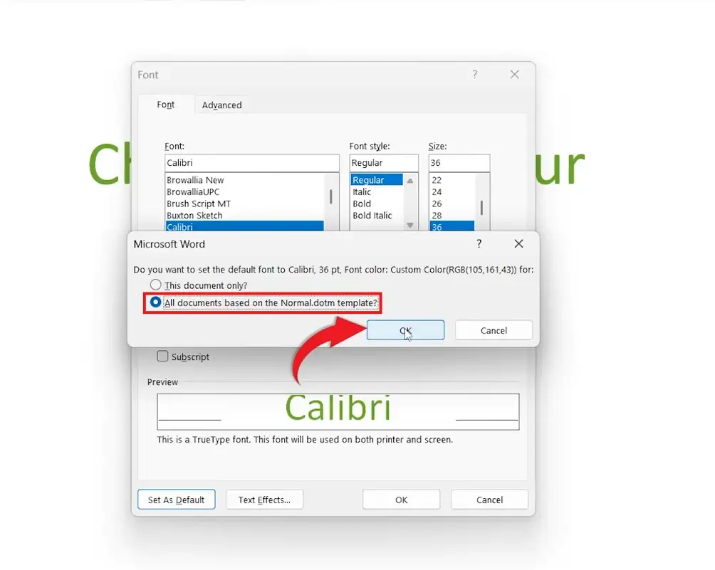Microsoft Word Set As Default font dialog box with a custom font colour selected.