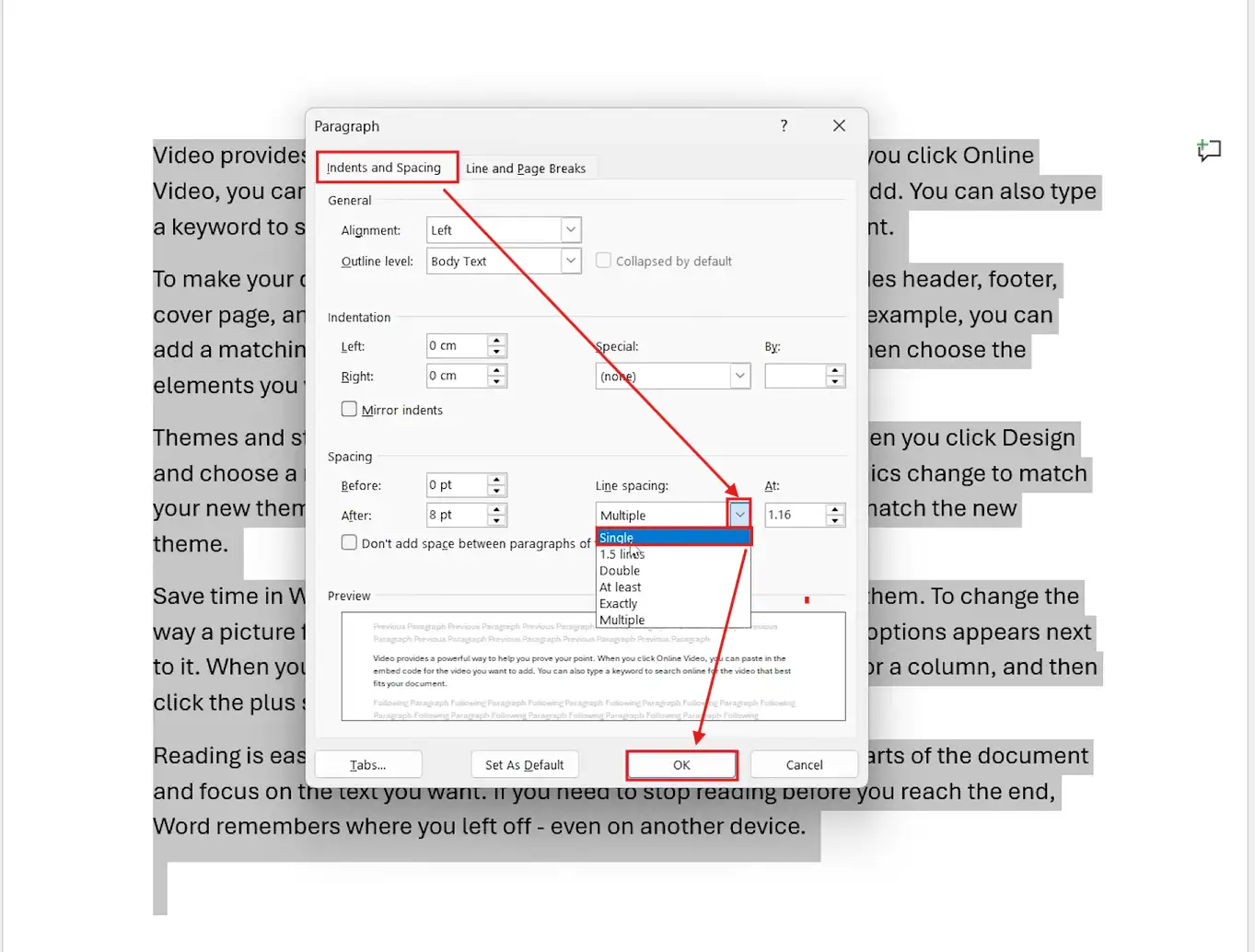 Microsoft Word Paragraph dialog box showing how to single space in Word using the Line spacing dropdown set to Single