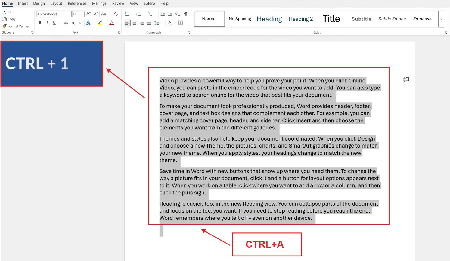 Microsoft Word document showing how to single space in Word using the Ctrl + 1 keyboard shortcut after Ctrl + A