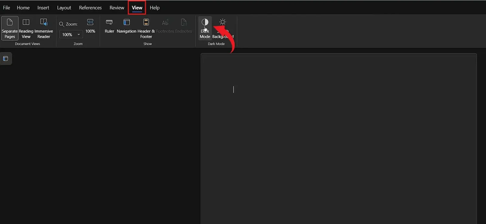 Word Online View tab Dark Mode toggle highlighted in the toolbar to turn off dark mode in Word