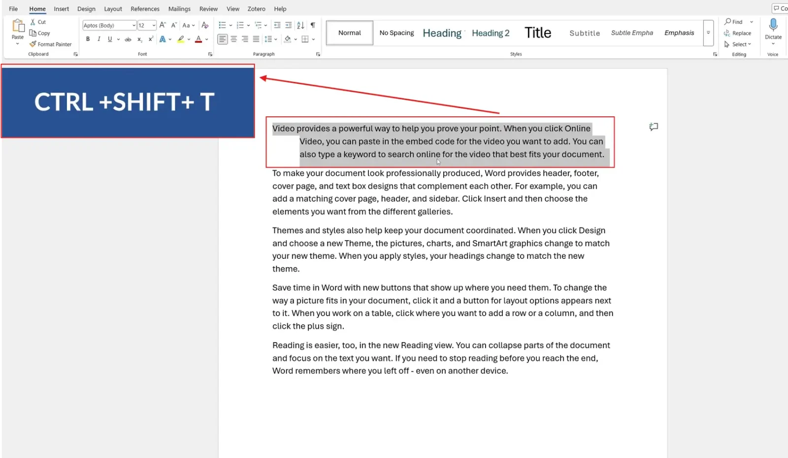 Microsoft Word paragraph with Ctrl Shift T shortcut removing a hanging indent and returning text to normal alignment