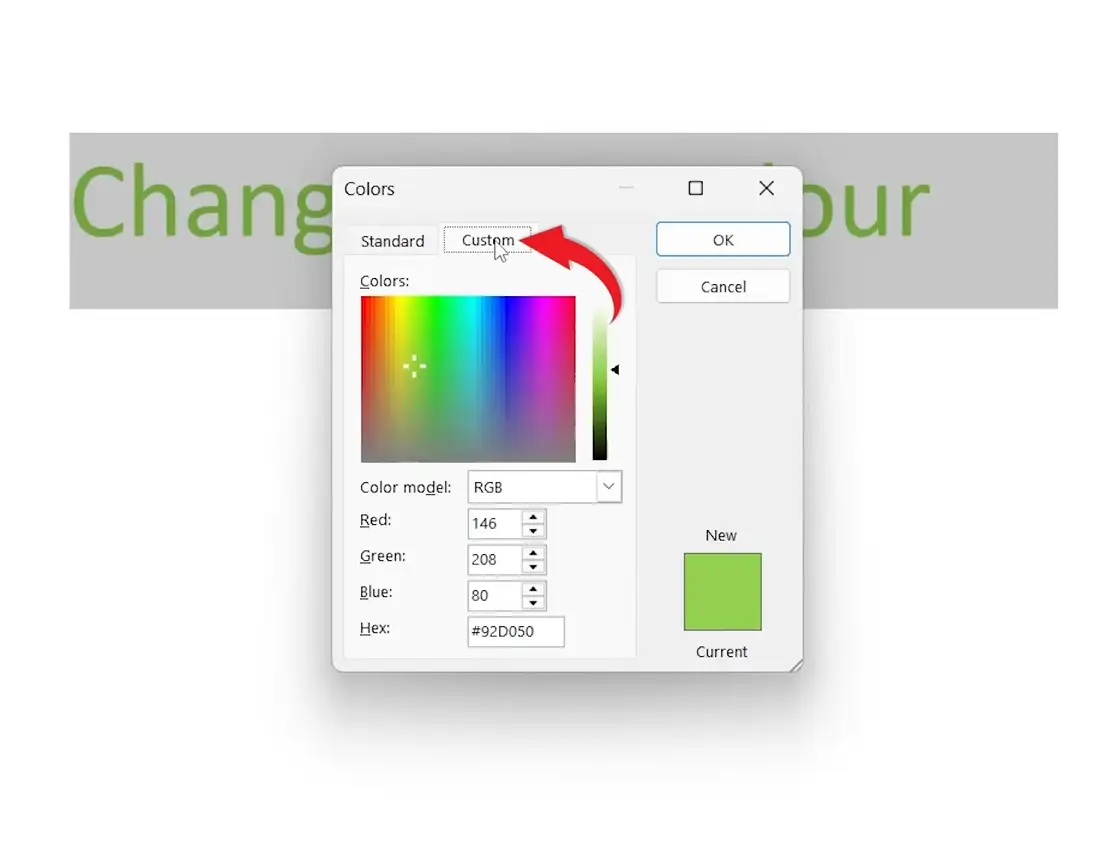 Microsoft Word Custom colour window showing RGB selection for changing font colour.