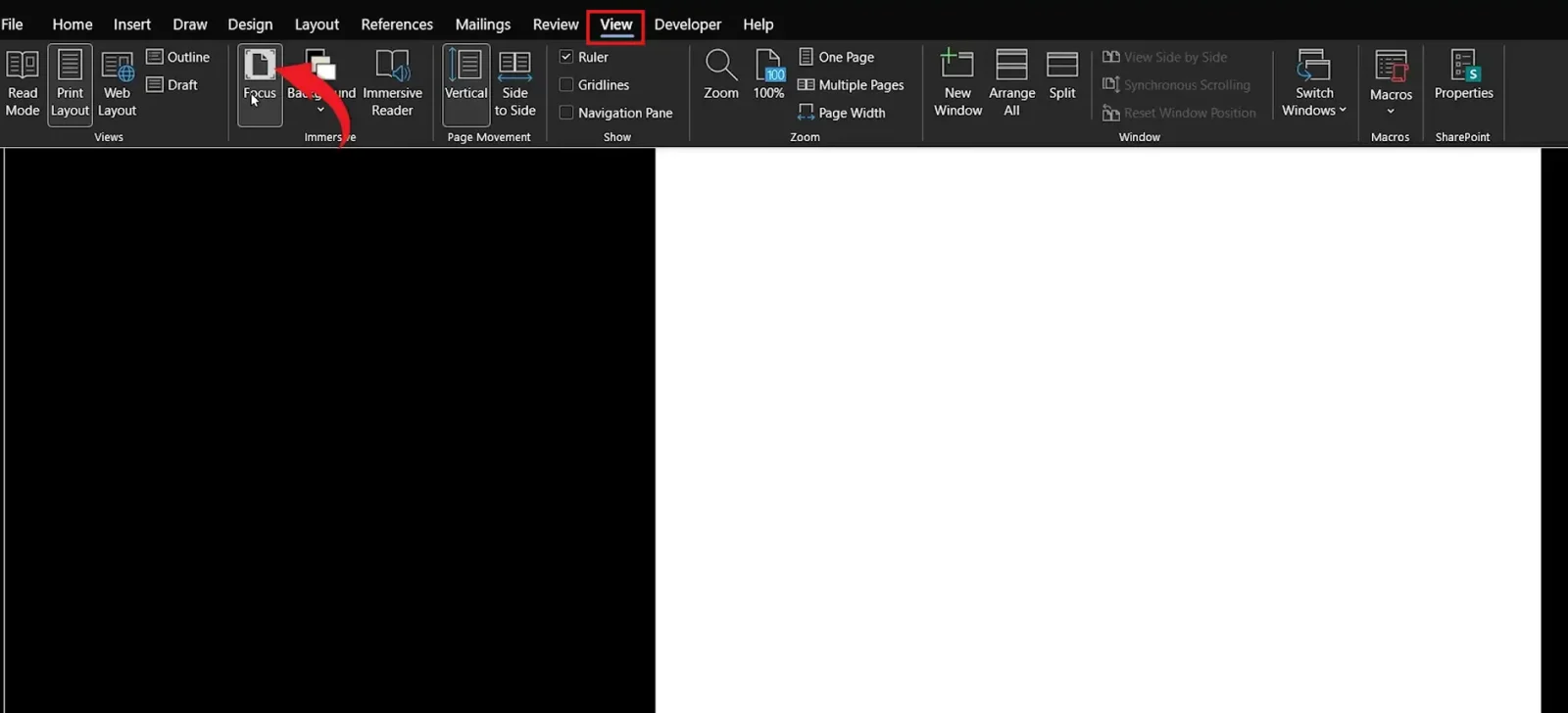 Word View tab Focus mode option highlighted to turn off dark distraction-free writing interface