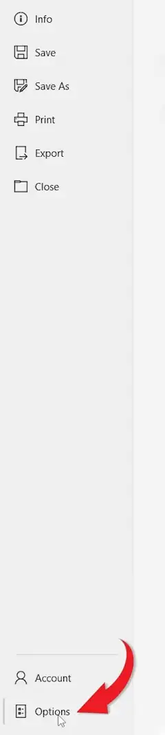 Microsoft Word File menu with Options button highlighted for how to add the developer tab in Word