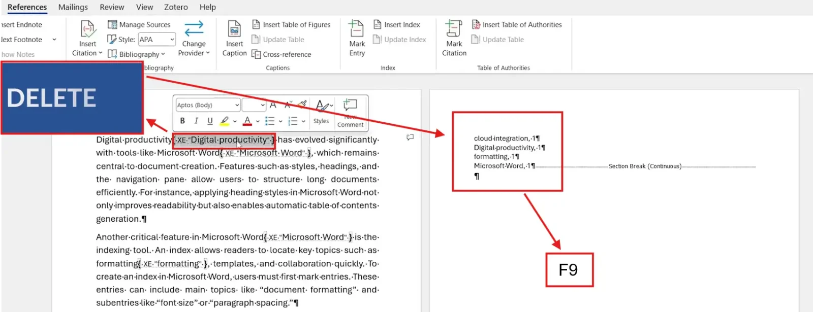 Word document showing XE field codes and using F9 key to update and remove index entries