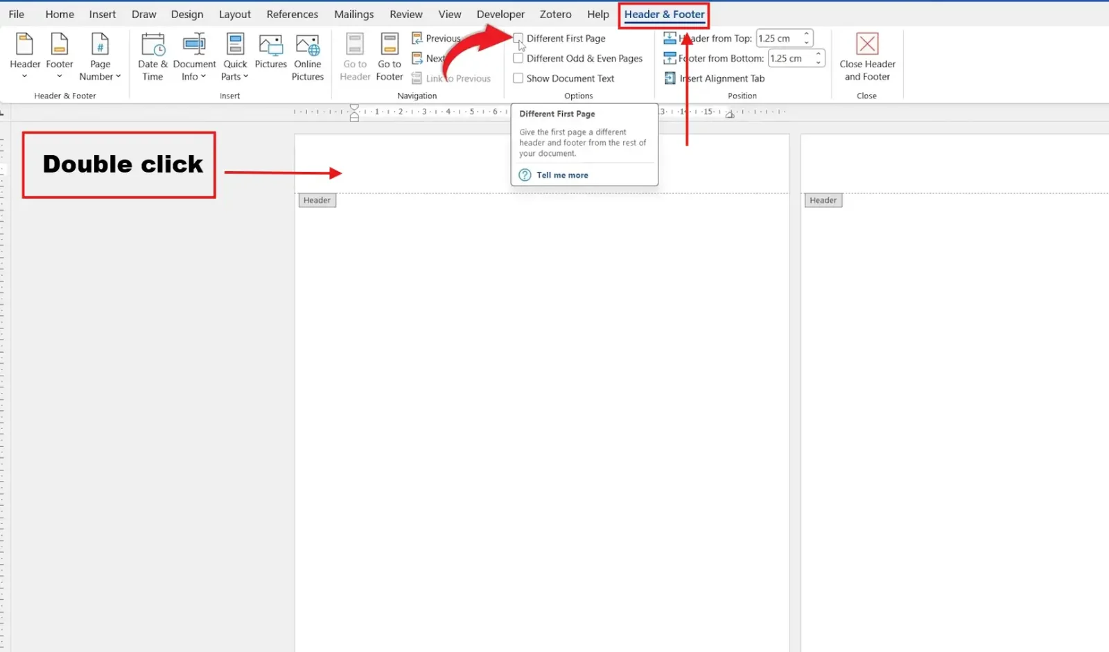 Microsoft Word Header and Footer tab showing the Different First Page checkbox ticked to add a header on the first page only in Word.