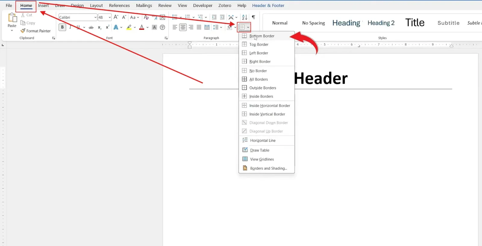 Add a line under a header in Word - Borders dropdown with the Bottom Border option selected